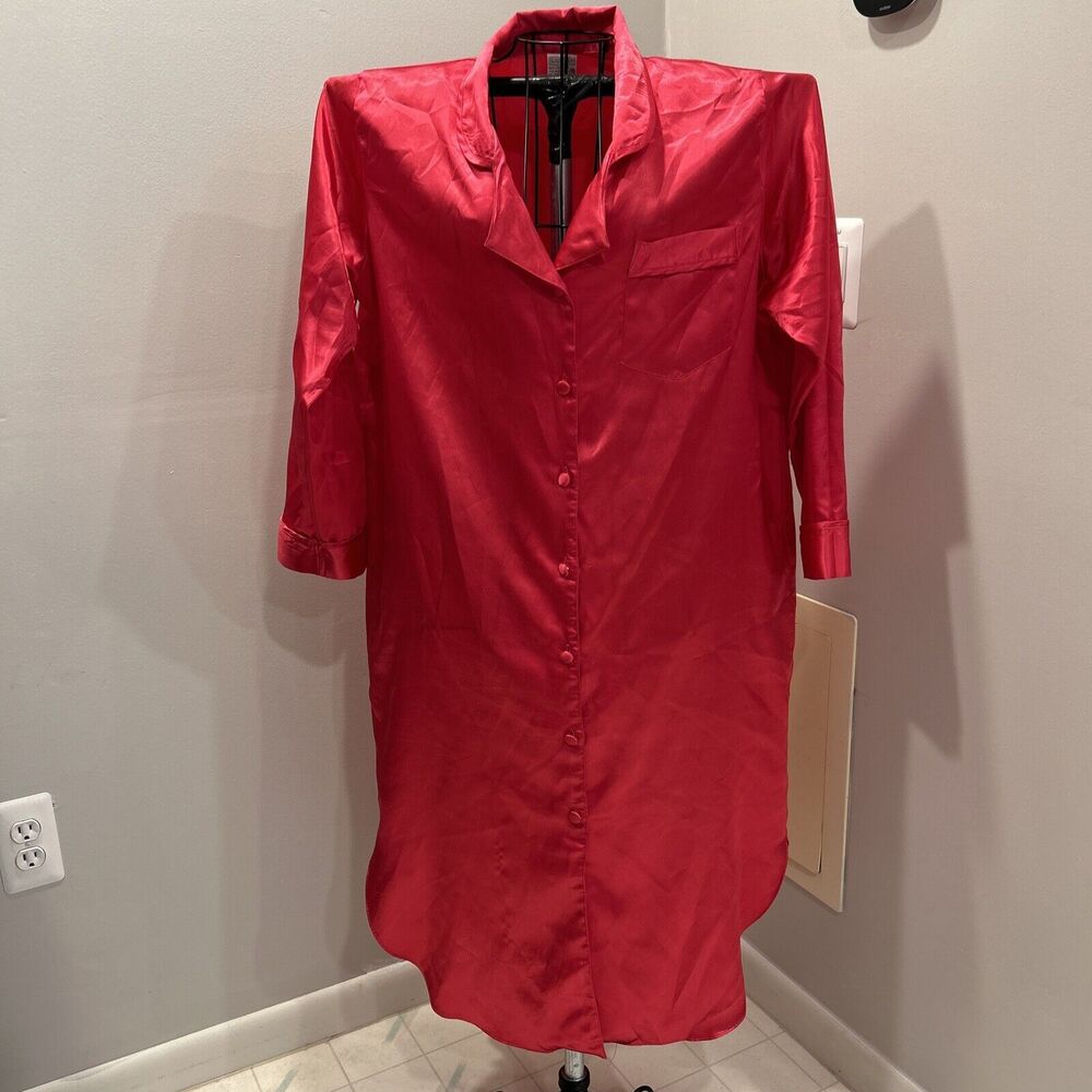 Kathryn Sleepshirt Red Collared Long Sleeve Silky Large Button